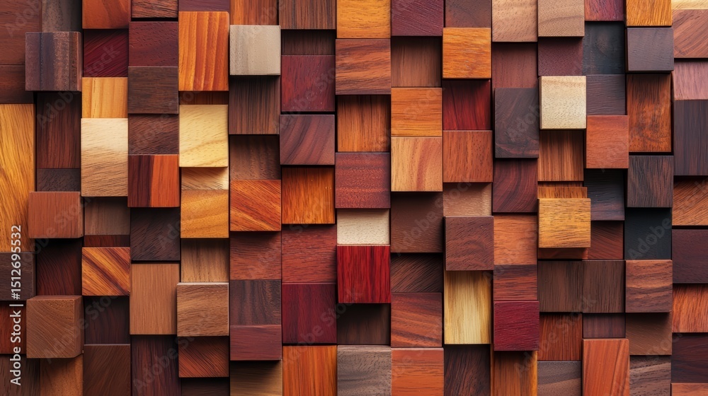 Fototapete Wooden wall with many different colored blocks. The blocks are all different sizes and shapes, and they are arranged in a way that creates a sense of depth and texture
