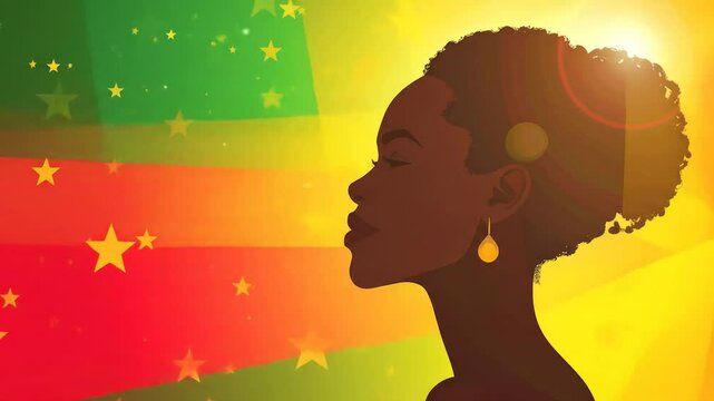Empowering african woman silhouette with rasta colors and stars illustration video