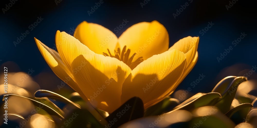 Poster yellow flower is in the foreground of a dark background. the flower is the main focus of the image, 