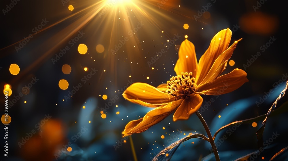Poster yellow flower with a lot of light shining on it. the light is coming from the sun and is creating a 