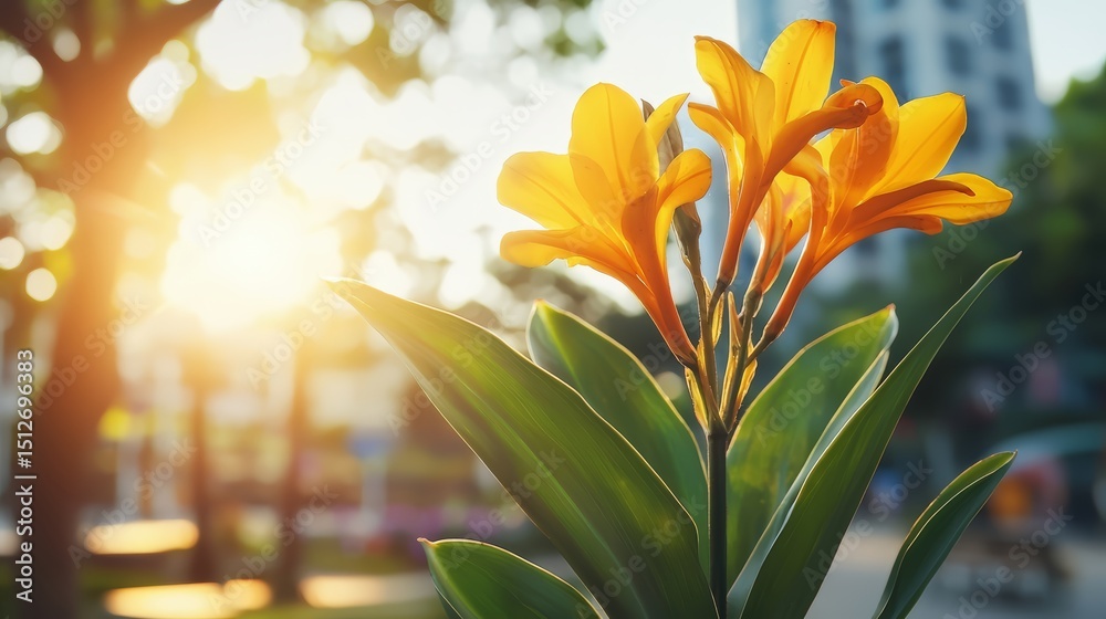Poster yellow flower with a green stem is in the foreground of a sunny day. the flower is surrounded by a g