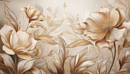 Beige floral line art print