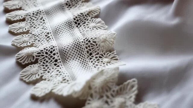 Close-up view of an elegant ivory lace border set against a backdrop of soft white fabric, creating a subtle and delicate aesthetic.