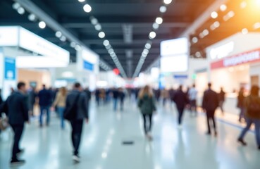 Blurred background of international business expo. Large crowd of people at exhibition hall. Showcase of innovation, modern products. Networking, trade show, presentation, opportunity, launch,