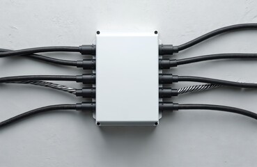 Electrical junction box with connecting wires. Black corrugated cable channels. Professional wire insulation, safe power distribution, industry technology, modern connect system.