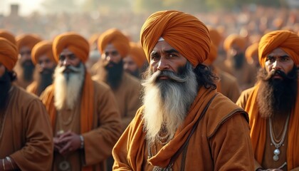Obraz premium Portrait of Sikh men with orange turbans and long beards. Community gathering, monthly event. Men in traditional attire. Religious practice, cultural tradition, celebration in India.