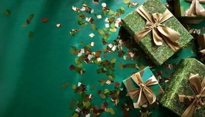 confetti covered green table with camouflaged boxes on it celebratory atmosphere green table