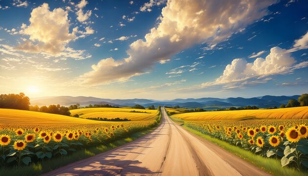 sunlit country road amidst vibrant sunflower fields under clouded skies landscape anime illustration