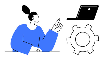 Businesswoman gestures toward a laptop and gear, symbolizing innovation, technology, teamwork. Ideal for technology, collaboration, education, work presentation, problem-solving productivity simple
