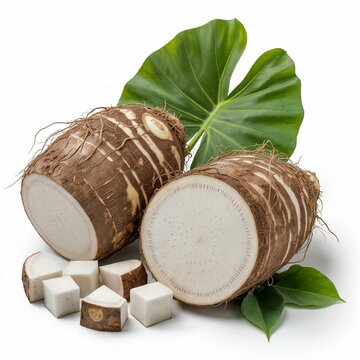 Fresh taro root with leaves and cut pieces