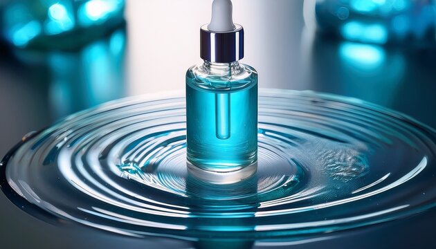 clean skincare aesthetic tranexamic acid serum in transparent dropper icy blue formula soft focus skin modern clinical lab inspired design sharp lighting