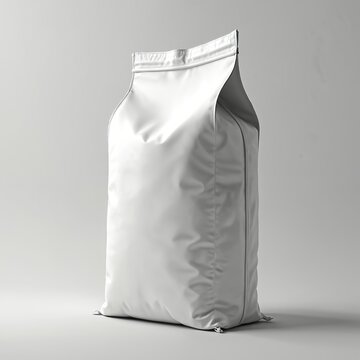 White industrial bag mockup side view. Sealed top design, typical 25 kg pellet fuel bag. Blank paper plastic container for product presentation. Ideal for food, pet food, seeds, fertilizer package.