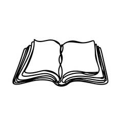 Open line art book illustration with empty pages against a minimalist backdrop, representing creativity and imagination, concept of publishing or education