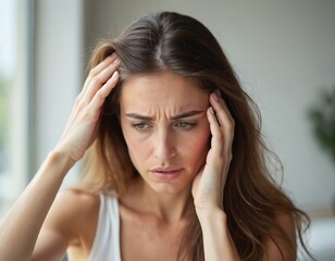 Fototapeta premium Woman touching scalp concerned about hair loss. Worried female observes thinning hair. Close-up shows exposed scalp. Hand gently touches hair root. Dermatology, beauty issue, healthcare concern, hair