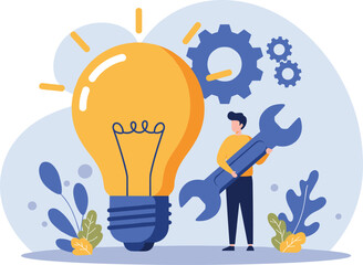 Innovation or product development, idea or solution to solve business problem, invention or technology creation to build new product, efficiency concept, businessman build gear