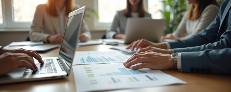 Business team works on data analysis using laptop charts. Group of people meeting in office, discussing strategy. Successful project, finance analytics, marketing plan, corporate teamwork.