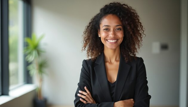 Portrait of confident, smiling business leader. Attractive Indian woman stands with crossed arms in office. Pro, successful female entrepreneur businesswoman wears elegant suit. Modern office