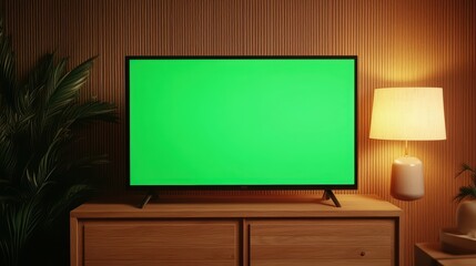 Modern Living Room with Television Displaying Blank Green Screen for Creative Design Use