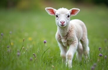 Obraz premium Adorable baby lamb stands in green grass meadow, wildflowers. Fluffy white wool, innocent eyes. Springtime, farm animal, livestock, pastoral scene. Symbol of new life, Easter, agriculture, nature.