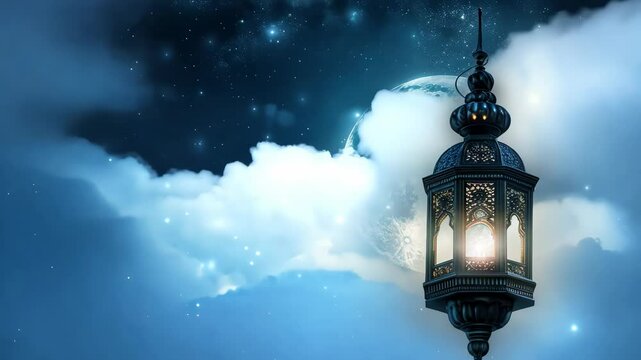 Ramadan kareem illustration with glowing lantern, full moon, and arabic lantern for celebration