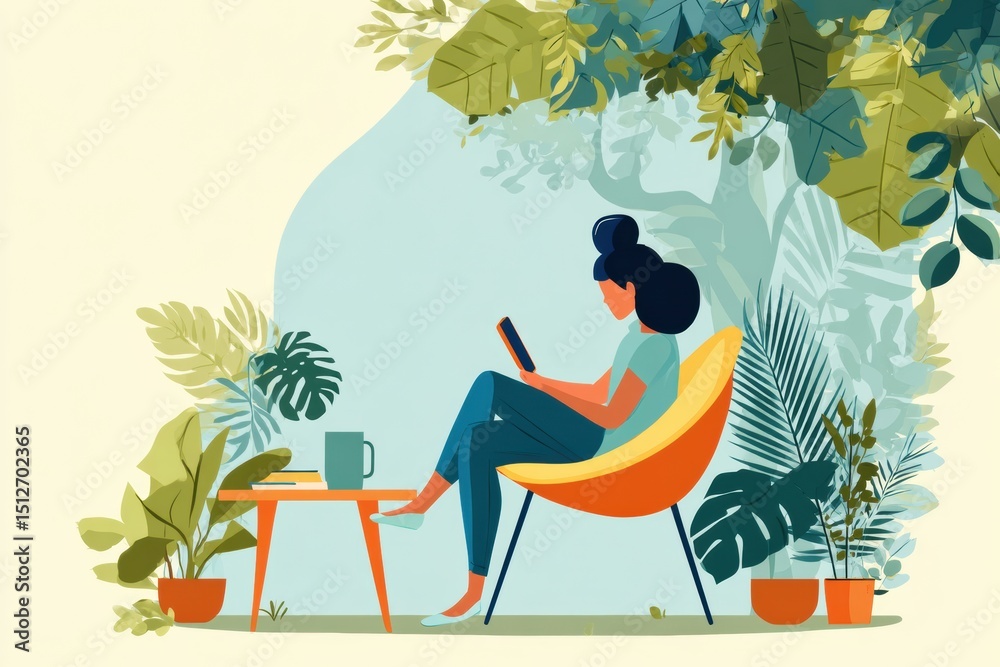 Aufkleber remote worker relaxes in garden while using tablet and enjoying peaceful nature surroundings