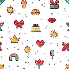 Happy Birthday Seamless Pattern. Pixel Art Cute Birthday Party Items. 8 bit pixel icons Festive Background. Vector illustration
