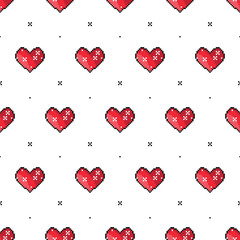 Pixel Art Seamless Pattern with Red Heart. Love Holiday Background with 8 bit pixel Hearts for Valentine's day or Birthday. Vector illustration