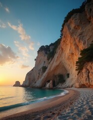 Naklejka premium Sunset beach with amazing rocky cliffs in Peroulades, Corfu island, Greece. Turquoise water, white sand, clear blue sky create tranquil scenic seascape. Coastal nature with stunning cliffs, exotic