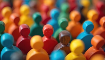 Colorful wooden figures symbolize global community. Image reflects themes of diversity, unity, inclusion. Represents cooperation, collaboration, teamwork. Ideal for social projects, eco-friendly tech