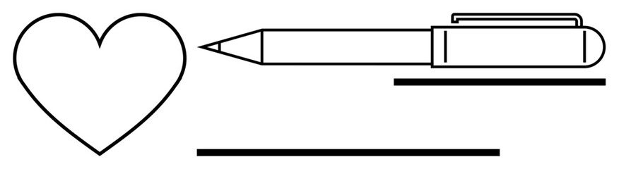 Heart shape next to a pen lying on two simple parallel lines, symbolizing love, writing, creativity, and emotion. Ideal for themes of connection, self-expression, passion, art romance