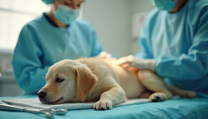 Golden retriever puppy lays on surgical table, attended by veterinary surgeons. Medical team provides animal care in clinic. Procedure, operation, vet treatment for pet patient. Surgical instruments,