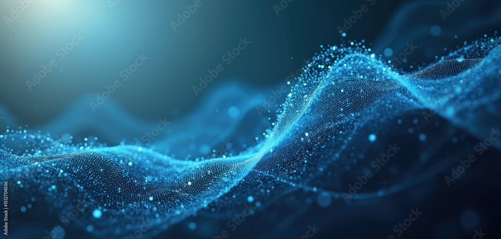 Poster abstract digital waves. blue particles wave background. dynamic mesh flows. big data tech concept. a