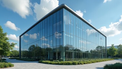 Modern eco-friendly glass office building design concept. Sustainable architecture green building reduces carbon footprint. Corporate innovation, environmental protection, future city infrastructure.