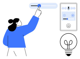 Person interacting with smart device interface, adjusting light and temperature via app. Features hand gesture, settings slider, light bulb, and voice recognition. Ideal for smart technology, home