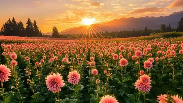 Scenic dahlia field at sunset with mountains in the background, golden light