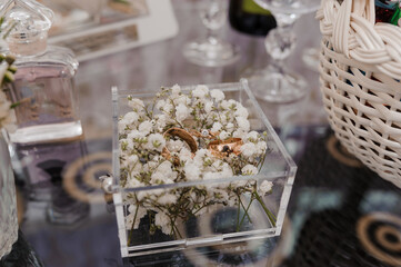 Wedding Rings Displayed in Glass Box with Baby's Breath Flowers, Romantic Table Setup, Gold and...
