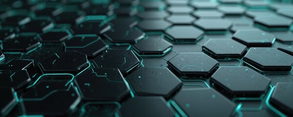 Obraz premium Abstract 3D illustration with a geometric hexagon pattern, dark metal layers on a technology style neon gradient background. Seamless honeycomb structure ideal for tech concepts, data visualization.