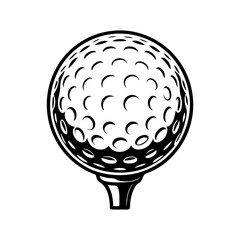 Detailed black and white illustration of a golf ball on a tee