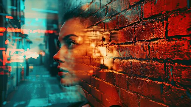 Double exposure portrait of a woman with a brick wall and city lights