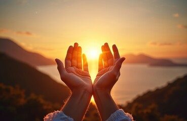 Hands raised towards sun sunset. Worship christianity concept. Person praying in nature, silhouette against scenic landscape, sea mountains in background. Spiritual religious freedom hope belief.