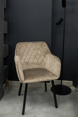 Elegant Beige Velvet Accent Chair with Diamond Quilted Backrest, Black Metal Legs, Modern Interior...