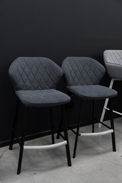 Modern Gray Velvet Bar Stools Set, Elegant Kitchen Counter Seating, Minimalist Design, Black Metal Legs, Diamond Quilted Backrest, Indoor Dining