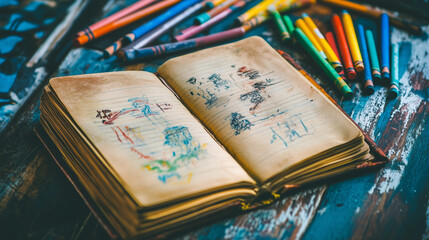 An old journal open beside a childâs colorful crayon sketches