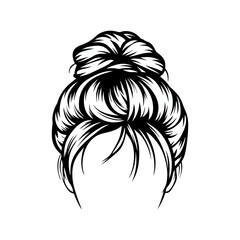 Line art depicting a casual, messy bun hairstyle with wisps of hair