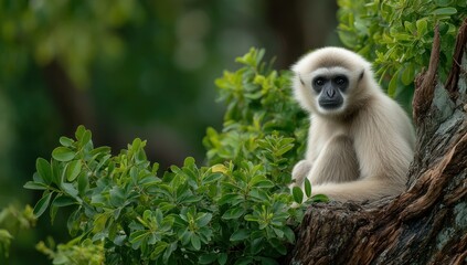 Obraz premium Elegant white gibbon perched amidst lush green foliage on a rugged tree branch