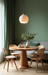 Stylish dining room interior with round wooden table stylish chairs. Green curtains, grey sofa, hanging lamp and vase. Contemporary design living home decor.