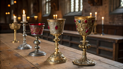 Four ornate antique goblets stand regally on a weathered oak table in a candlelit medieval hall