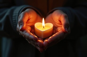 Hands holding burning heart shaped candle in darkness. Candle flame glows. Concept of love hope remembrance. Warm light illuminates hands, creating soft shadows. Romantic, spiritual, emotional mood.