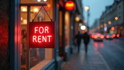 Neon sign FOR RENT hangs shop front. Empty store reflects economic downturn, recession. Commercial real estate, business vacancy. Urban street scene with blurred pedestrians cars background.