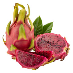 Fresh red dragon fruit slices and whole fruit